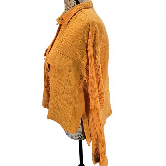 Women's Passport Orange Cropped Crinkle Gauze Button Up Long Sleeve Crop Shirt - Picture 3 of 8